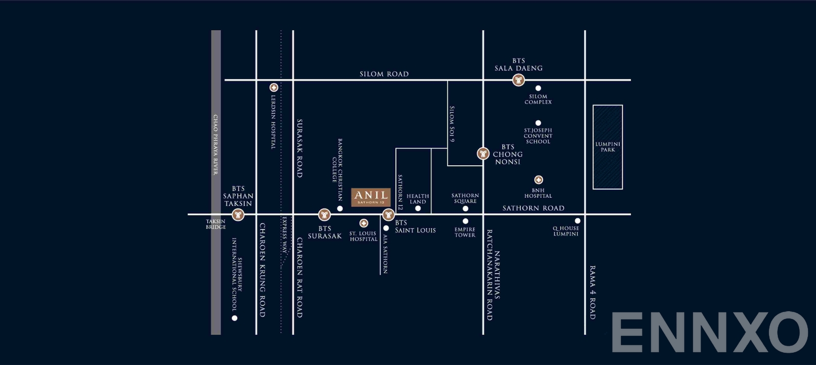 ภาพแผนที่แสดงที่ตั้งโครงการ Anil Sathorn 12 และสถานที่โดยรอบ