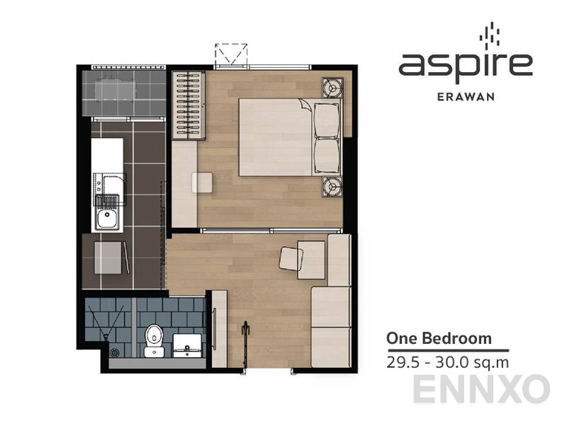 รูปแปลนห้อง 1 Bedroom ของโครงการ Aspire Erawan