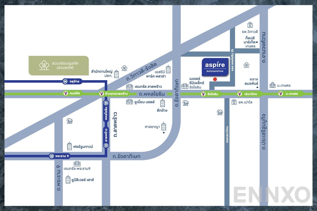ภาพแผนที่แสดงที่ตั้งโครงการ Aspire Ratchayothin
(แอสปาย รัชโยธิน) และสถานที่โดยรอบ