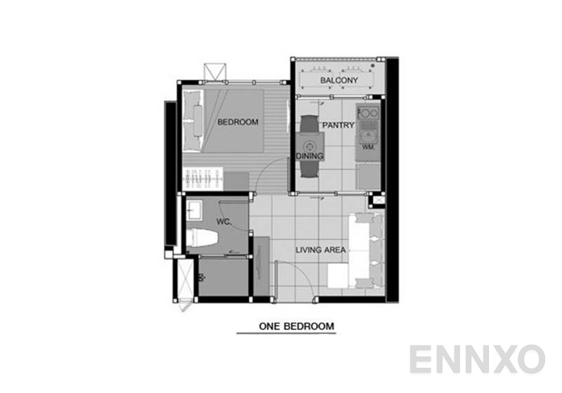 รูปแปลนห้อง 1 Bedroom ของโครงการ Aspire Sukhumvit 48