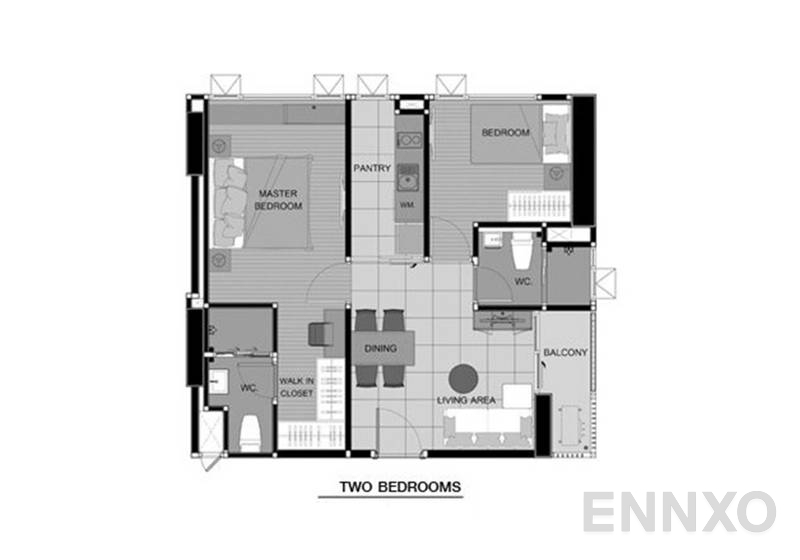 รูปแปลนห้อง 2 Bedroom ของโครงการ Aspire Sukhumvit 48