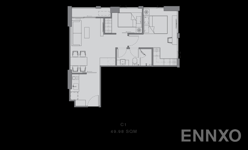 รูปแปลนห้อง 2 BEDROOM C1 - C5 ของโครงการ แชปเตอร์ จุฬา-สามย่าน
