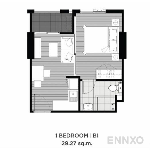 รูปแปลนห้อง 1 Bedroom ของโครงการ Chapter One Eco Ratchada - Huaikwang