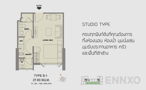 รูปแปลนห้อง Studio ของโครงการ Fuse Sathorn - Taksin