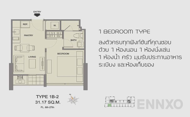 รูปแปลนห้อง 1 Bedroom  ของโครงการ Fuse Sathorn - Taksin