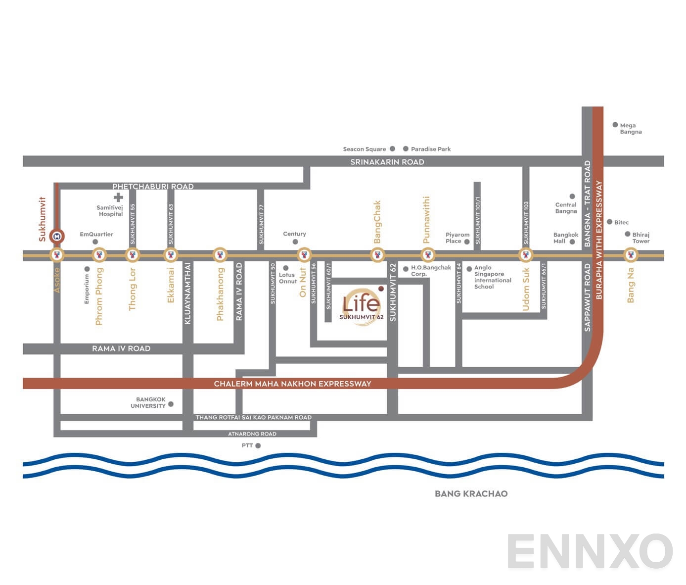 ภาพแผนที่แสดงที่ตั้งโครงการ Life Sukhumvit 62
(ไลฟ์ สุขุมวิท 62) และสถานที่โดยรอบ