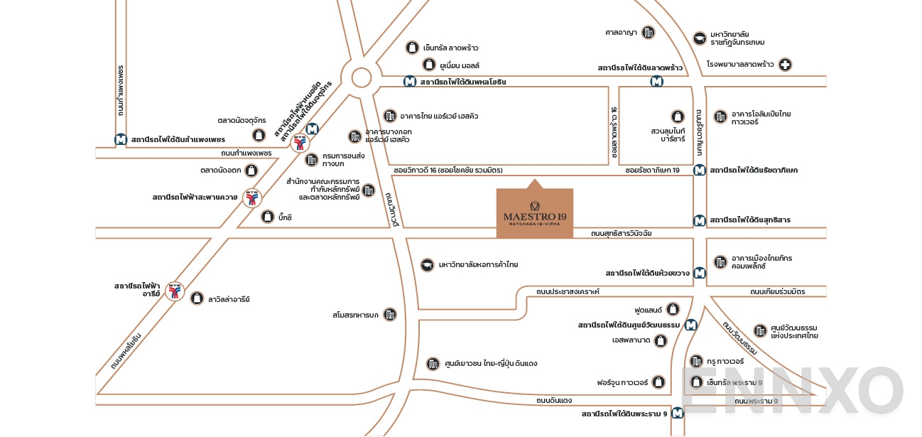 ภาพแผนที่แสดงที่ตั้งโครงการ Maestro 19 Ratchada 19 – Vipha
(คอนโด มาเอสโตร 19 รัชดา19-วิภา) และสถานที่โดยรอบ