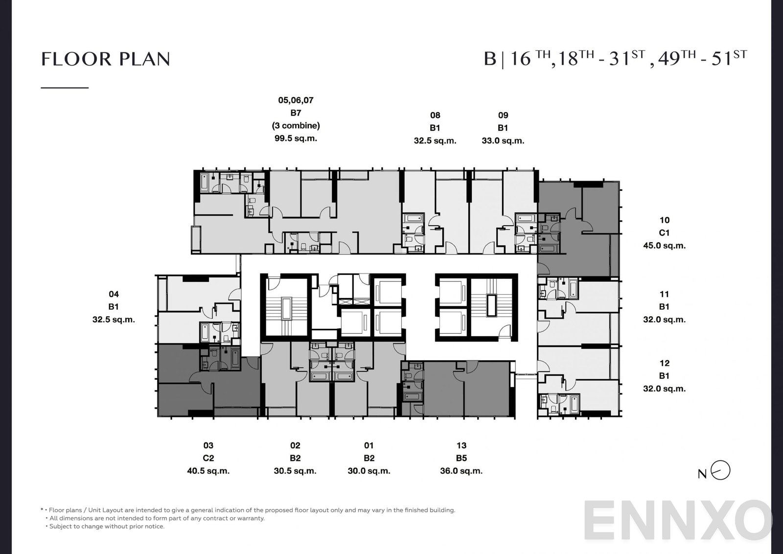 แปลนชั้น Floor Plan B 16, 18-31, 49-51 ของโครงการ Park Origin Thonglor