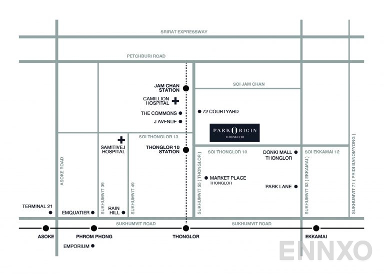 ภาพแผนที่แสดงที่ตั้งโครงการ Park Origin Thonglor และสถานที่โดยรอบ