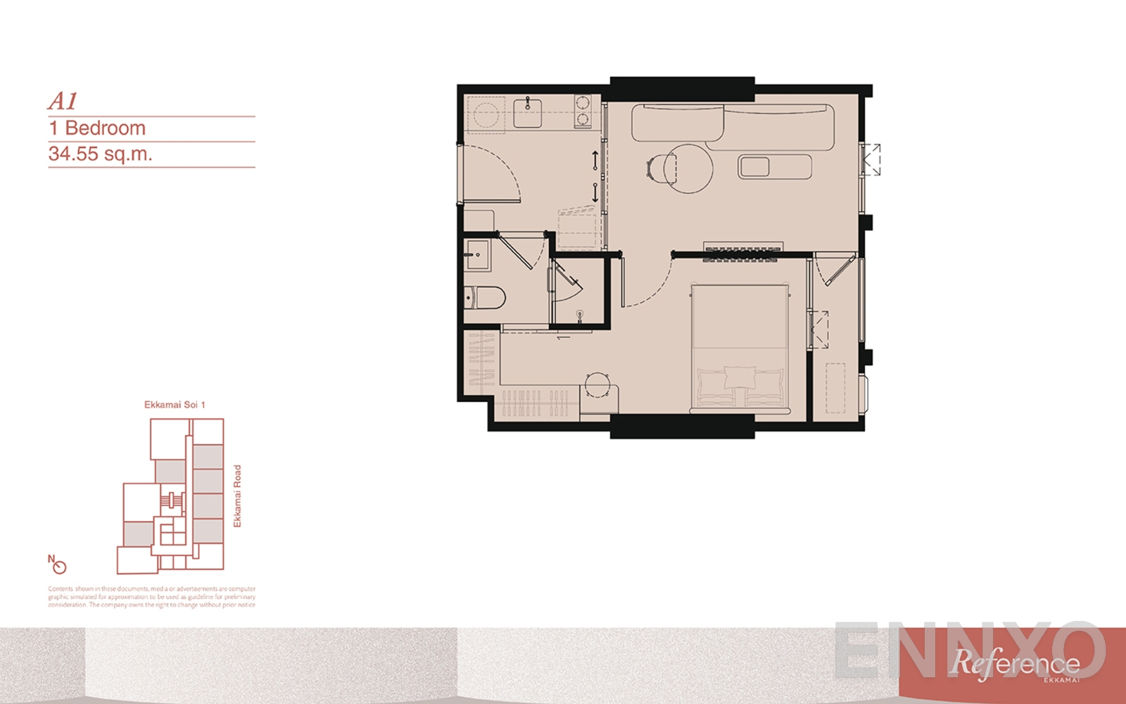 รูปแปลนห้อง 1 Bedroom ของโครงการ Reference Ekkamai 