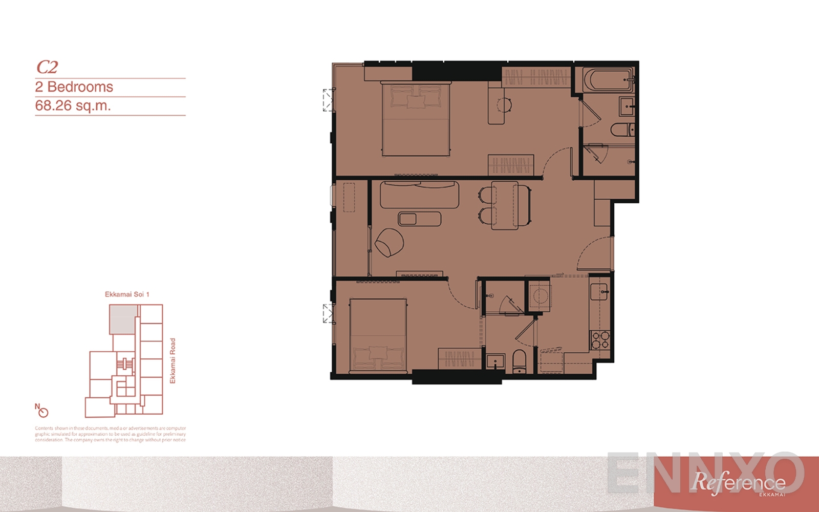 รูปแปลนห้อง 2 Bedrooms ของโครงการ Reference Ekkamai 