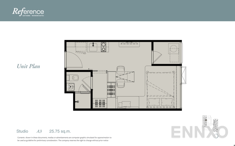 รูปแปลนห้อง Studio ของโครงการ เรฟเฟอเรนซ์ สาทร - วงเวียนใหญ่