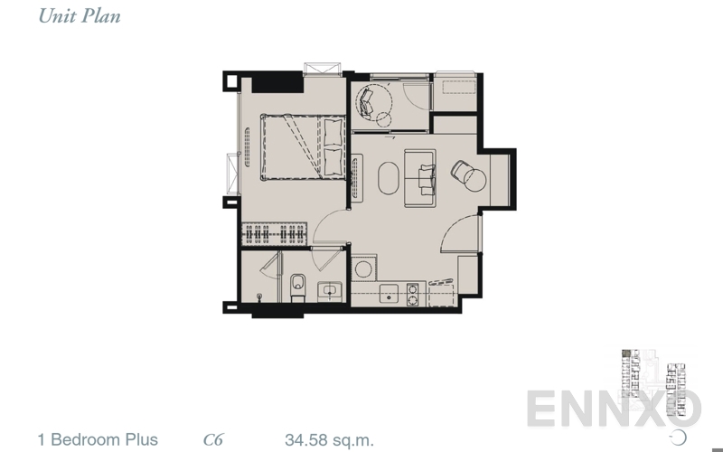 รูปแปลนห้อง 1 Bed Plus ของโครงการ เรฟเฟอเรนซ์ สาทร - วงเวียนใหญ่