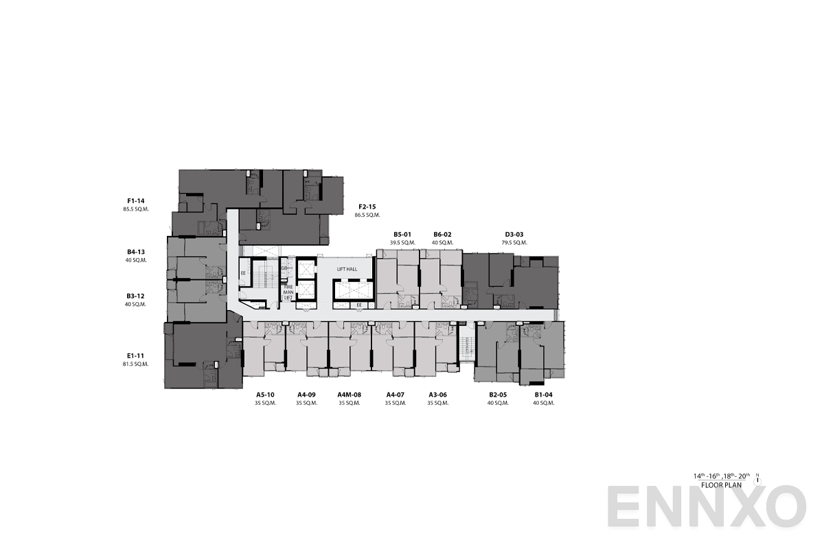 แปลนชั้น 14th-16th, 18th-20th floor plan ของโครงการ RHYTHM Ekkamai Estate
