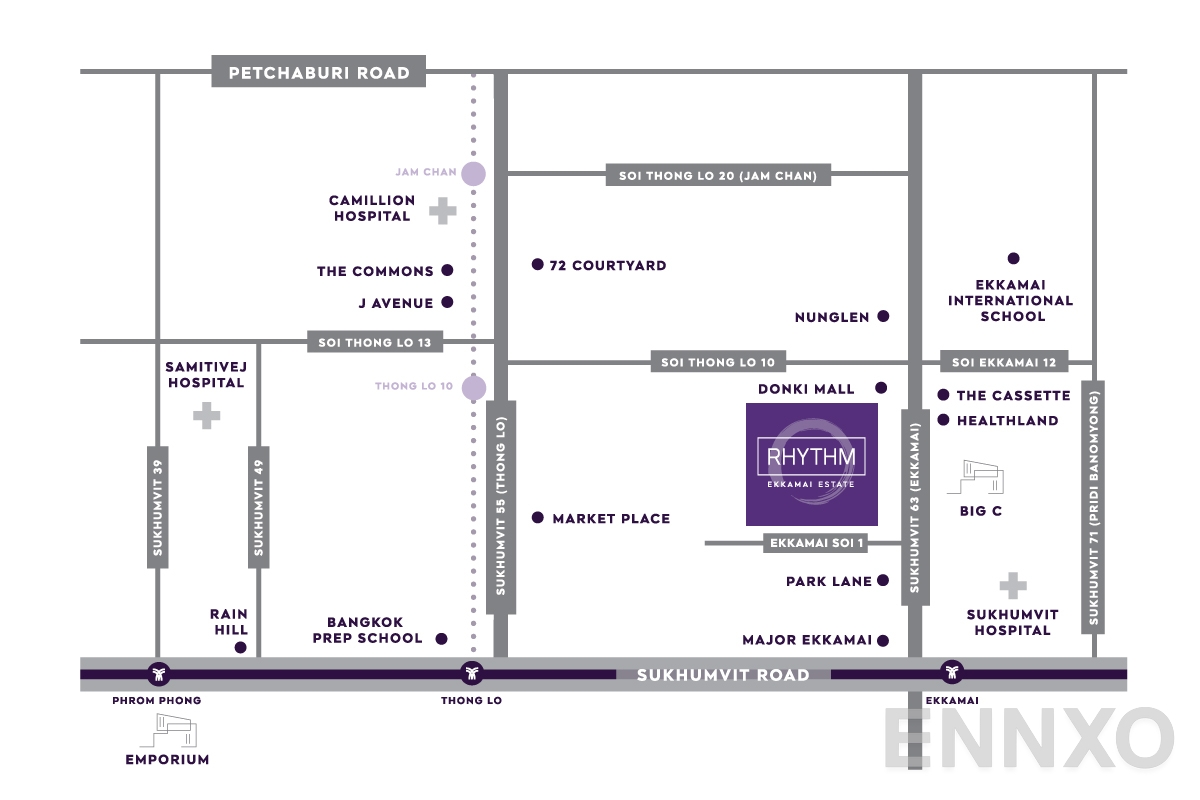ภาพแผนที่แสดงที่ตั้งโครงการ RHYTHM Ekkamai Estate และสถานที่โดยรอบ