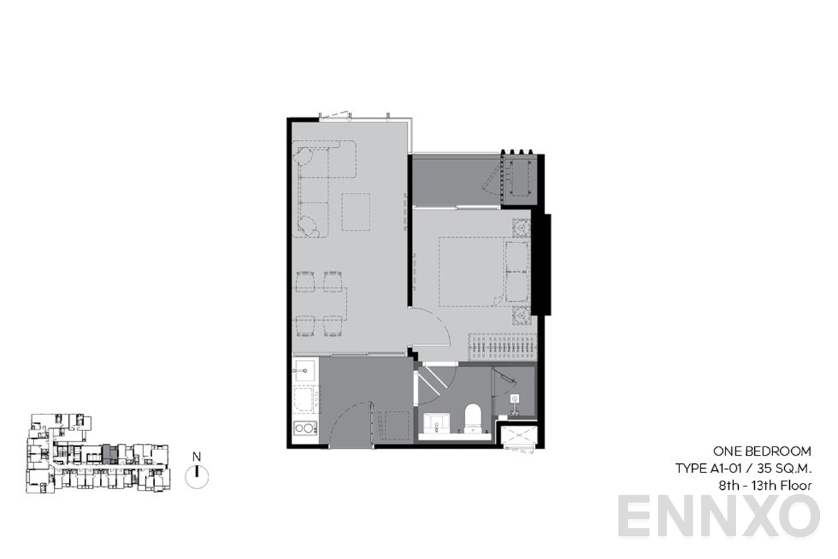 รูปแปลนห้อง a1-01 35 sq.m. (8th-13th floor) ของโครงการ RHYTHM Ekkamai Estate