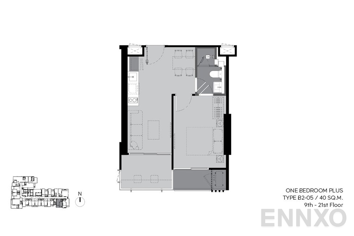 รูปแปลนห้อง b2-05 40sq.m (9th-21st floor) ของโครงการ RHYTHM Ekkamai Estate