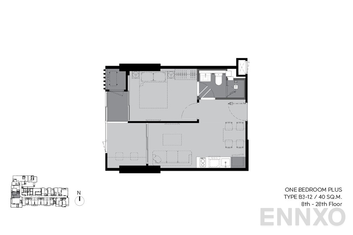 รูปแปลนห้อง b3-12 40sq.m (8th-28th floor) ของโครงการ RHYTHM Ekkamai Estate
