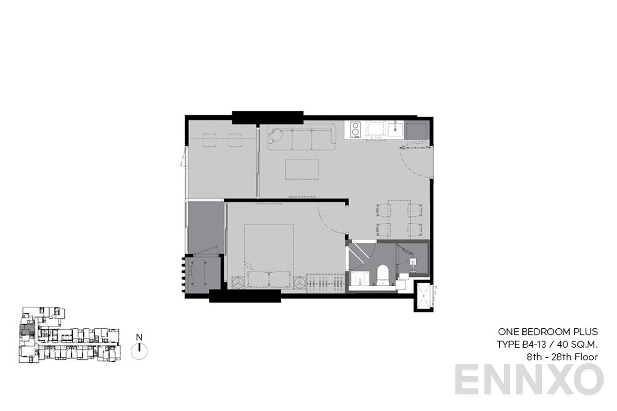 รูปแปลนห้อง b4-13 40sq.m (8th-28th floor) ของโครงการ RHYTHM Ekkamai Estate