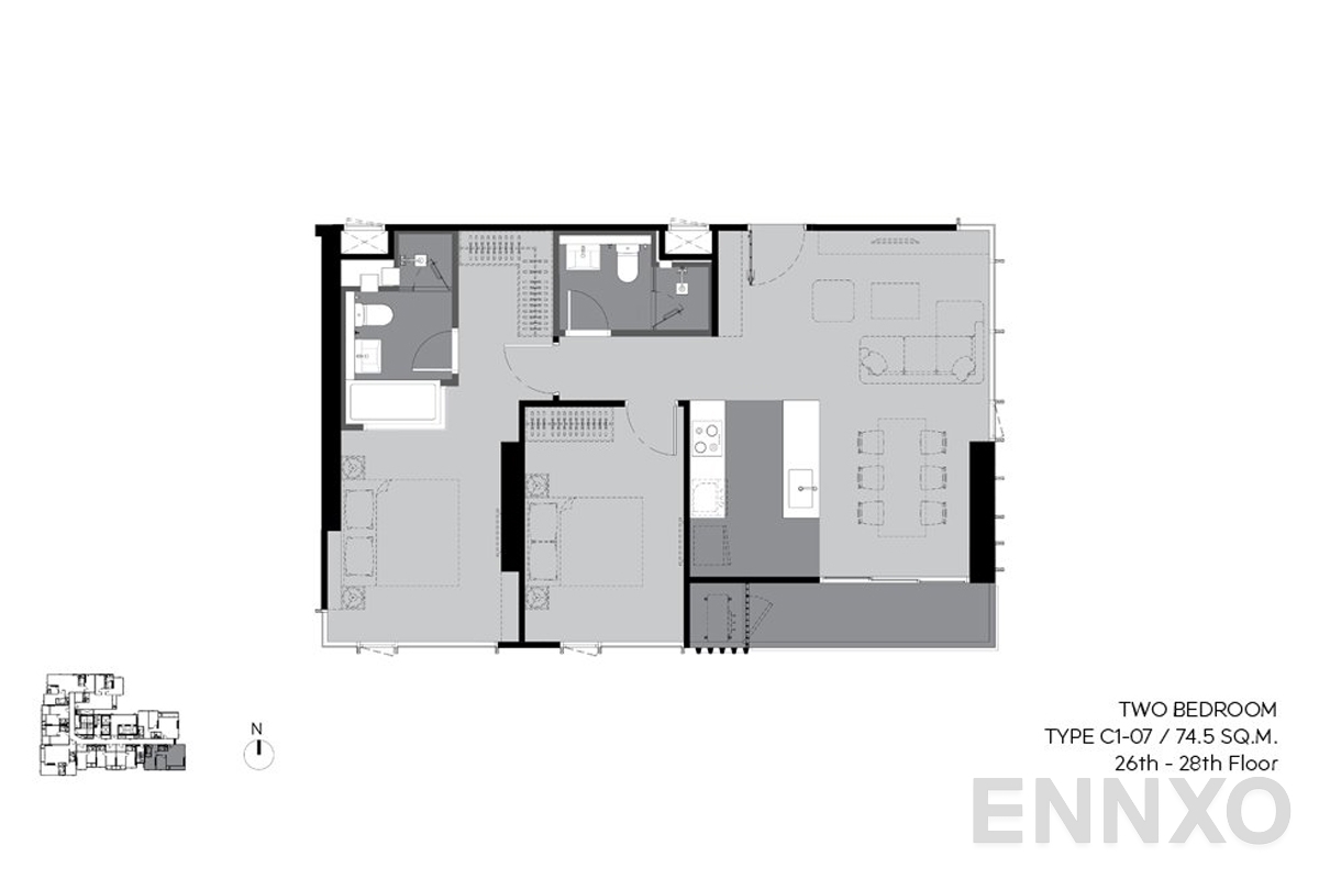 รูปแปลนห้อง c1-07 74.5 sq.m. (26th-28th floor) ของโครงการ RHYTHM Ekkamai Estate