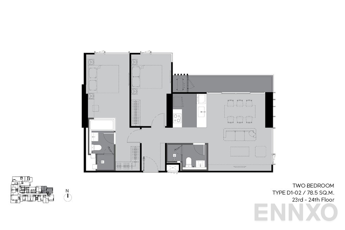 รูปแปลนห้อง d1-02 78.5 sq.m. (23rd-24th floor) ของโครงการ RHYTHM Ekkamai Estate
