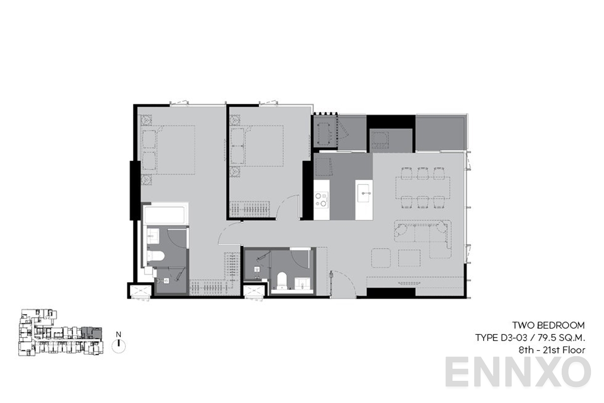 รูปแปลนห้อง d3-03 79.5 sq.m. (8th-21st floor) ของโครงการ RHYTHM Ekkamai Estate