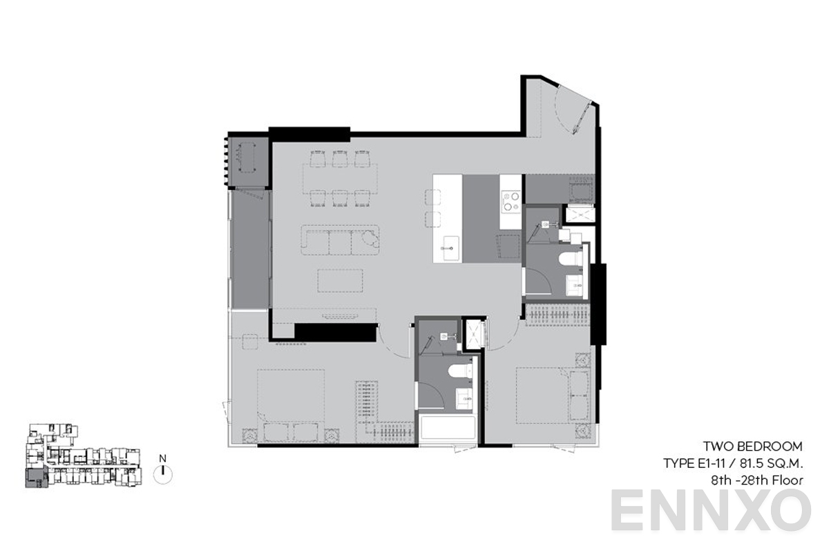 รูปแปลนห้อง e1-11 81.5 sq.m. (8th-28th floor) ของโครงการ RHYTHM Ekkamai Estate