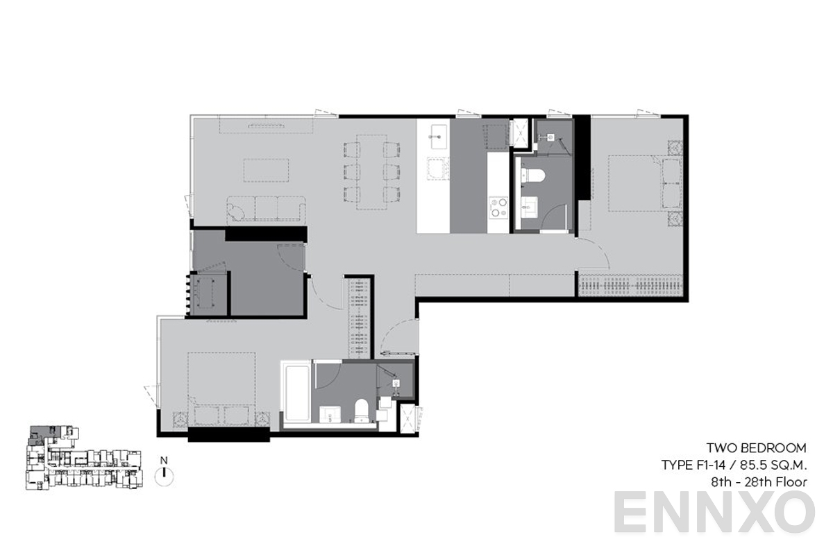 รูปแปลนห้อง f1-14 85.5 sq.m.(8th-28th floor) ของโครงการ RHYTHM Ekkamai Estate