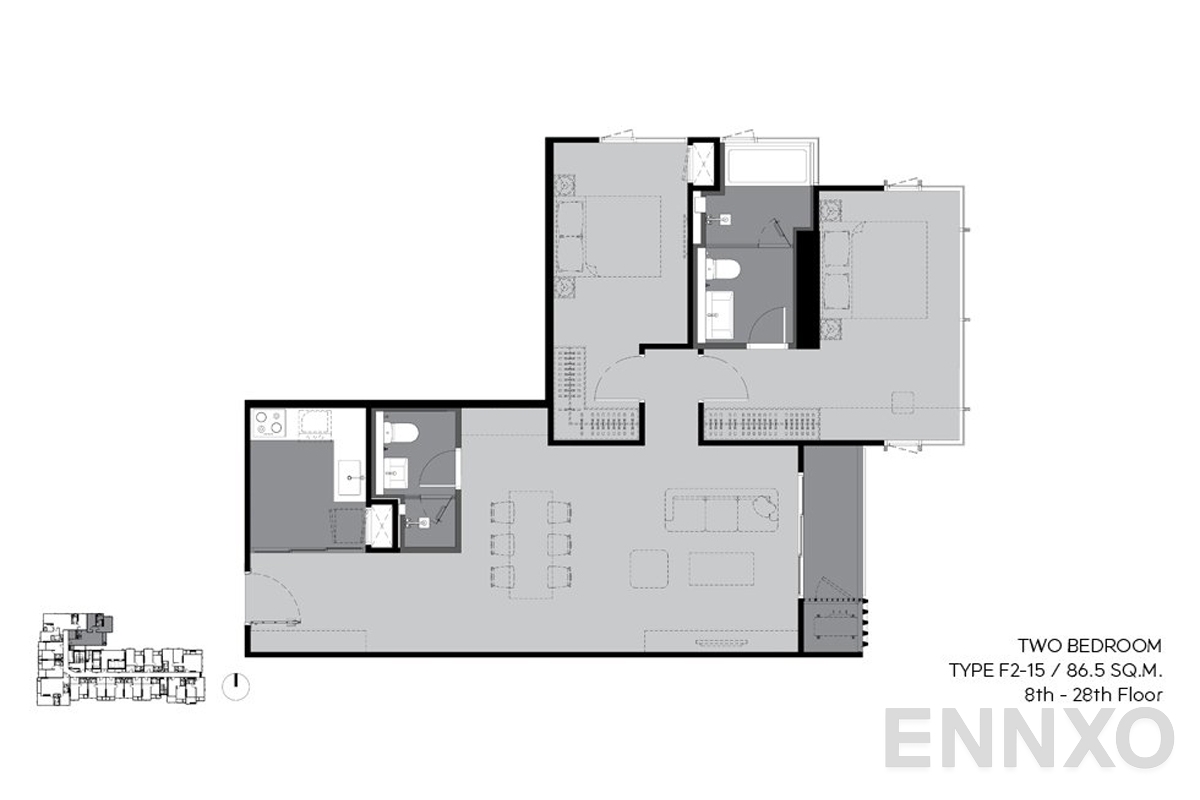 รูปแปลนห้อง f2-15 86.5 sq.m. (8th-28th floor) ของโครงการ RHYTHM Ekkamai Estate