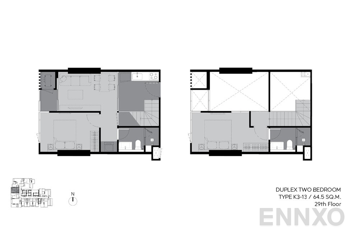 รูปแปลนห้อง k3-13 64.5 sq.m.(29th floor) ของโครงการ RHYTHM Ekkamai Estate