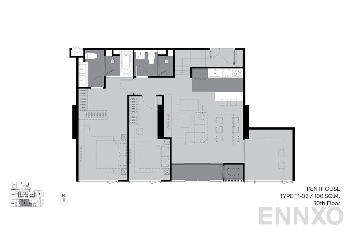 รูปแปลนห้อง t1-02 100 sq.m. (30th floor) ของโครงการ RHYTHM Ekkamai Estate