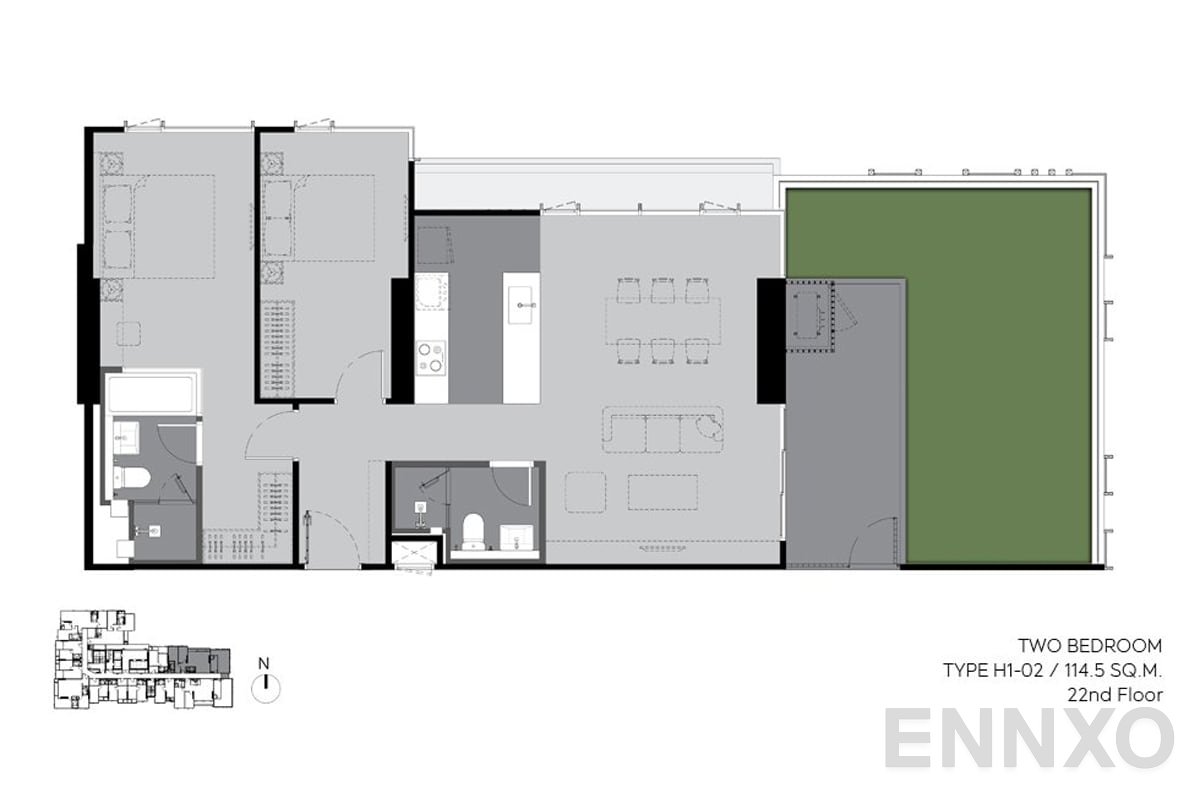 รูปแปลนห้อง H1-02 114.5 sq.m. (22nd floor) ของโครงการ RHYTHM Ekkamai Estate