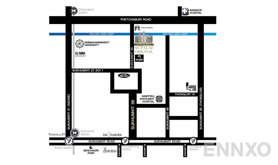 ภาพแผนที่แสดงที่ตั้งโครงการ Supalai Oriental Sukhumvit 39
(ศุภาลัย โอเรียนทัล สุขุมวิท 39) และสถานที่โดยรอบ