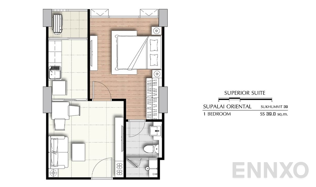 รูปแปลนห้อง 1 Bedroom SS (39 ตร.ม.) ของโครงการ ศุภาลัย โอเรียนทัล สุขุมวิท 39