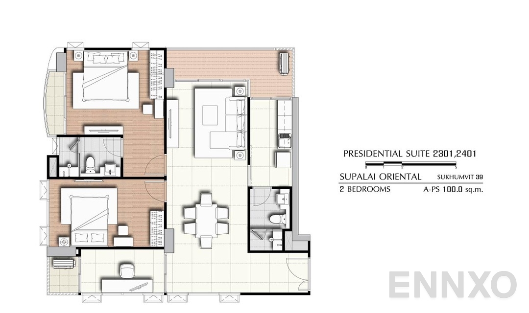 รูปแปลนห้อง 2 Bedrooms PS 2301,2401 (100 ตร.ม.) ของโครงการ ศุภาลัย โอเรียนทัล สุขุมวิท 39
