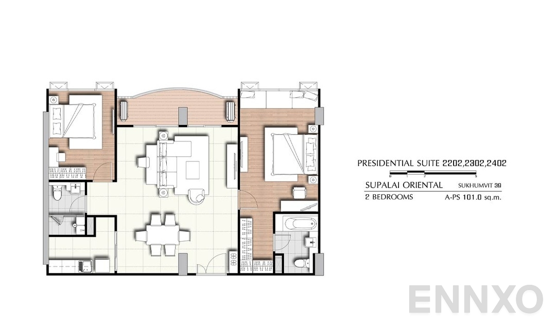 รูปแปลนห้อง 2 Bedrooms PS 2202,2302,2402 (101 ตร.ม.) ของโครงการ ศุภาลัย โอเรียนทัล สุขุมวิท 39