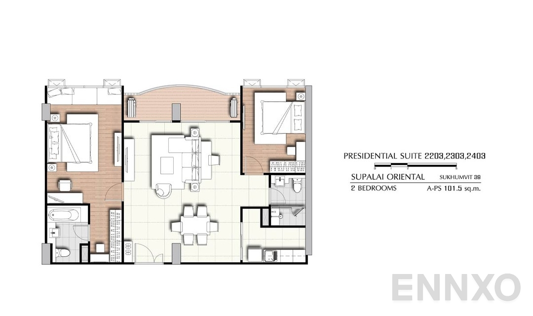 รูปแปลนห้อง 2 Bedrooms PS 2203,2303,2403 (101.5 ตร.ม.) ของโครงการ ศุภาลัย โอเรียนทัล สุขุมวิท 39