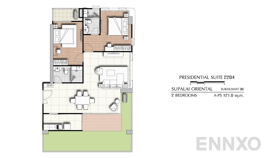 รูปแปลนห้อง 2 Bedrooms PS 2204 (121 ตร.ม.) ของโครงการ ศุภาลัย โอเรียนทัล สุขุมวิท 39