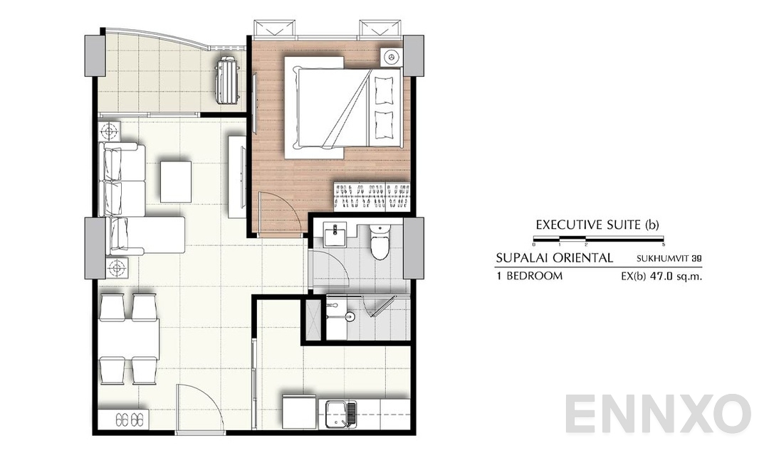 รูปแปลนห้อง 1 Bedroom Ex(b) (47 ตร.ม.) ของโครงการ ศุภาลัย โอเรียนทัล สุขุมวิท 39