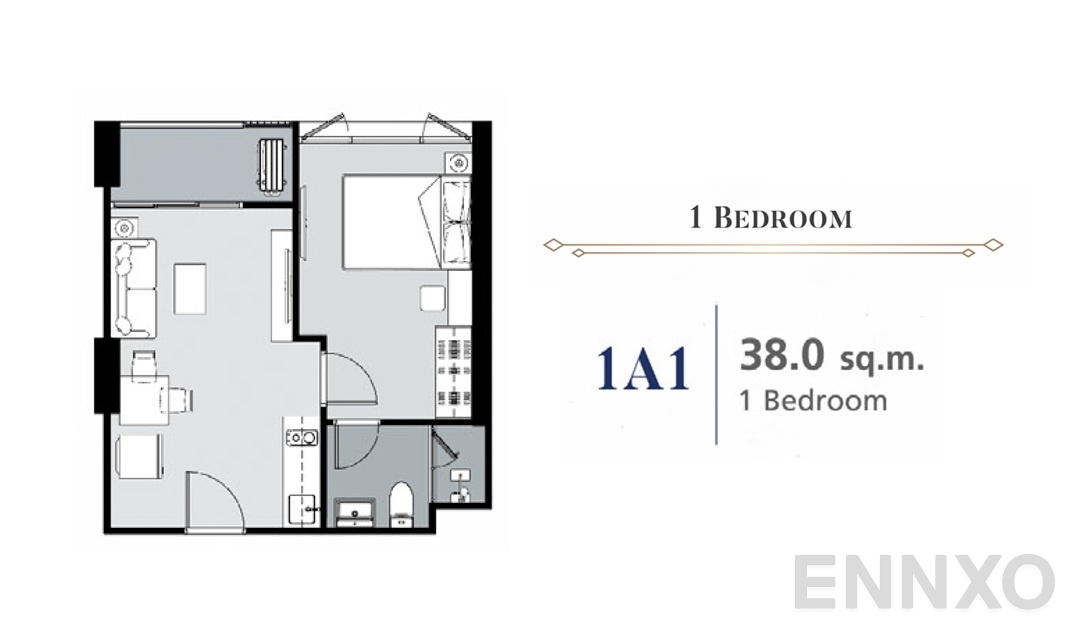 รูปแปลนห้อง 1 Bedroom 1A1 (38 ตร.ม.) ของโครงการ ศุภาลัย พรีเมียร์ สามเสน - ราชวัตร