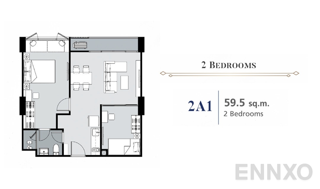 รูปแปลนห้อง 2 Bedroom 2A1 (59.5 ตร.ม.) ของโครงการ ศุภาลัย พรีเมียร์ สามเสน - ราชวัตร