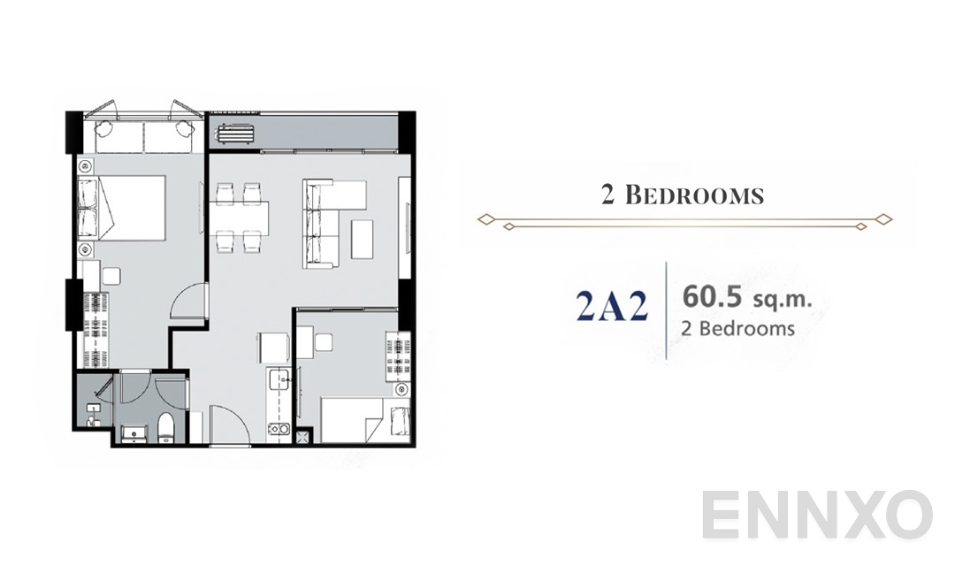 รูปแปลนห้อง 2 Bedroom 2A2 (60.5 ตร.ม.) ของโครงการ ศุภาลัย พรีเมียร์ สามเสน - ราชวัตร