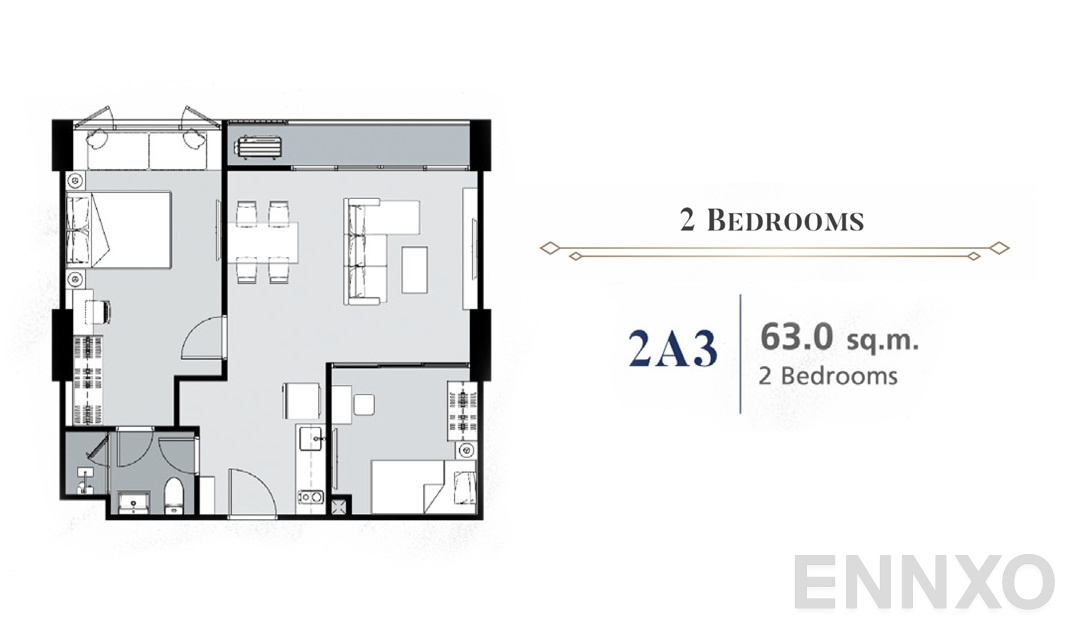 รูปแปลนห้อง 2 Bedroom 2A3 (63 ตร.ม.) ของโครงการ ศุภาลัย พรีเมียร์ สามเสน - ราชวัตร