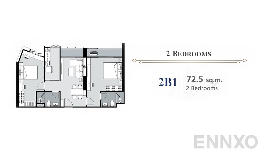 รูปแปลนห้อง 2 Bedroom 2B1 (72.5 ตร.ม.) ของโครงการ ศุภาลัย พรีเมียร์ สามเสน - ราชวัตร
