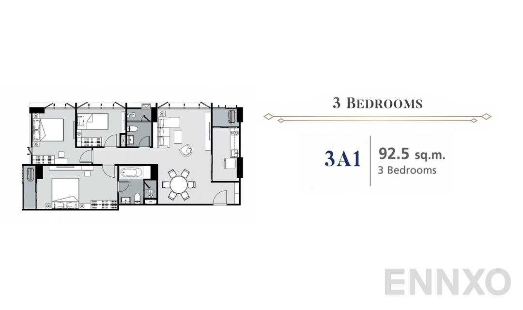 รูปแปลนห้อง 3 Bedroom 3A1 (92.5 ตร.ม.) ของโครงการ ศุภาลัย พรีเมียร์ สามเสน - ราชวัตร