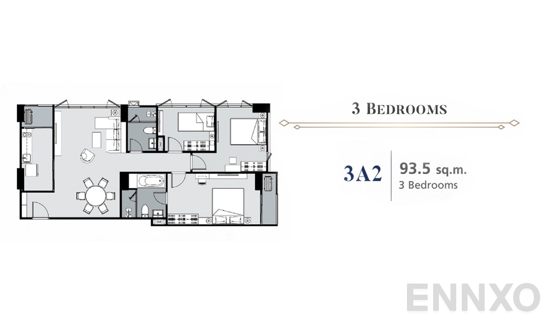 รูปแปลนห้อง 3 Bedroom 3A2 (93.5 ตร.ม.) ของโครงการ ศุภาลัย พรีเมียร์ สามเสน - ราชวัตร