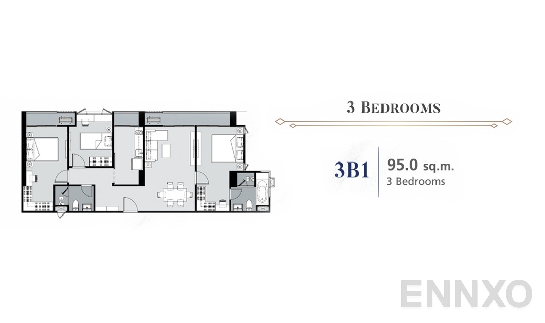 รูปแปลนห้อง 3 Bedroom 3B1 (95 ตร.ม.) ของโครงการ ศุภาลัย พรีเมียร์ สามเสน - ราชวัตร