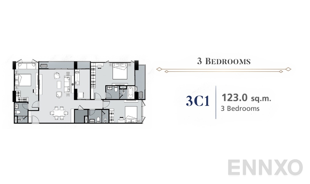 รูปแปลนห้อง 3 Bedroom 3C1 (123 ตร.ม.) ของโครงการ ศุภาลัย พรีเมียร์ สามเสน - ราชวัตร