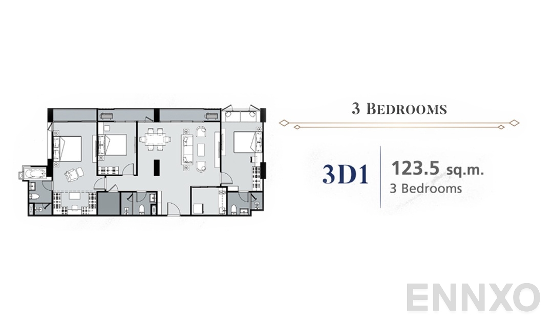รูปแปลนห้อง 3 Bedroom 3D1 (123.5 ตร.ม.) ของโครงการ ศุภาลัย พรีเมียร์ สามเสน - ราชวัตร