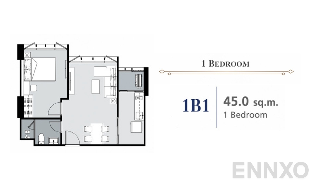 รูปแปลนห้อง 1 Bedroom 1B1 (45 ตร.ม.) ของโครงการ ศุภาลัย พรีเมียร์ สามเสน - ราชวัตร